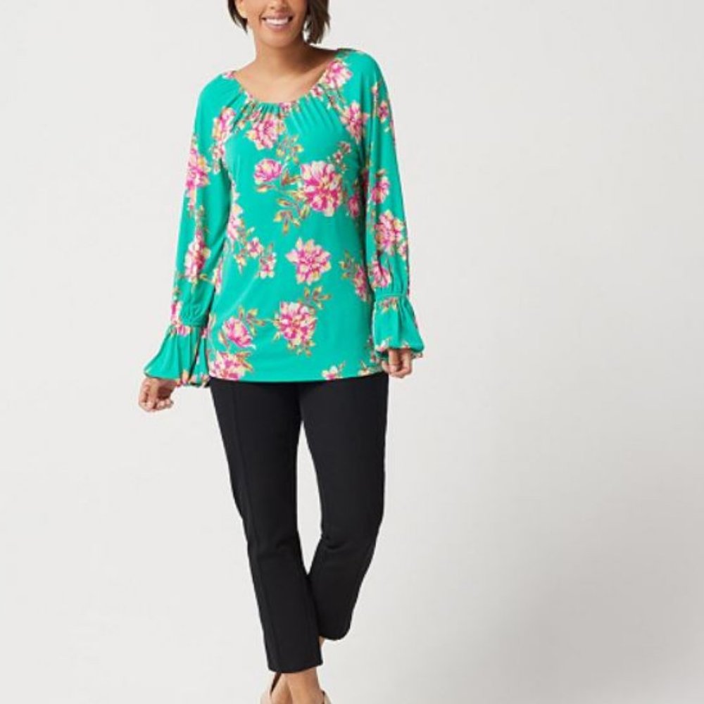 Susan Graver Printed Liquid Knit Peasant Top 3237 - Picture 3 of 3
